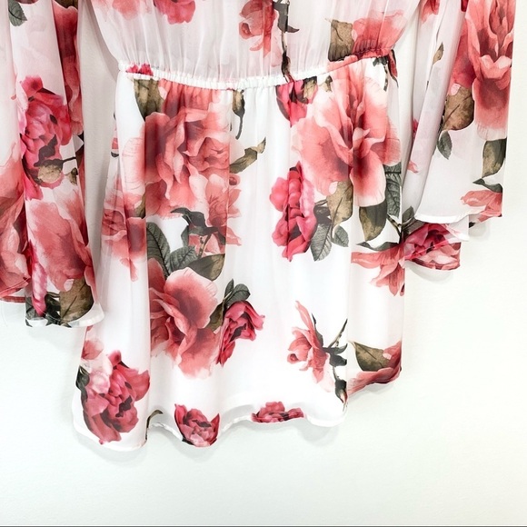 Show Me Your Mumu Roses Floral Pink Red White Dress Large Bell Sleeves Large - Picture 10 of 15